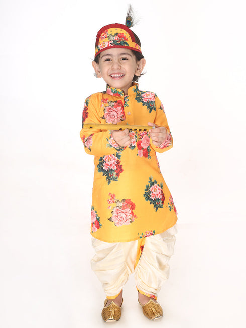 Vastramay SISHU Boys Multicolor-Base-Yellow Cotton Blend Kurta and Dhoti Set